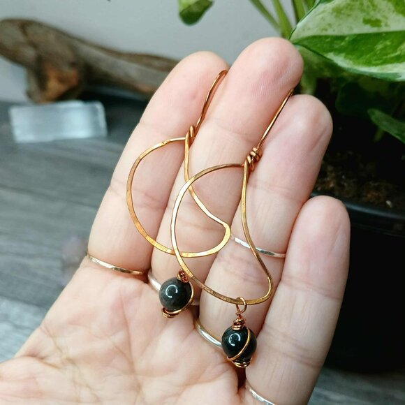 BOGO EARRINGS Black obsidian crescent moon beaded dangle earrings, 2.5" - Picture 3 of 5